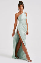 Elegant Pleated Satin One-Shoulder Slit Dress