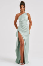 Elegant Pleated Satin One-Shoulder Slit Dress