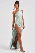 Elegant Pleated Satin One-Shoulder Slit Dress