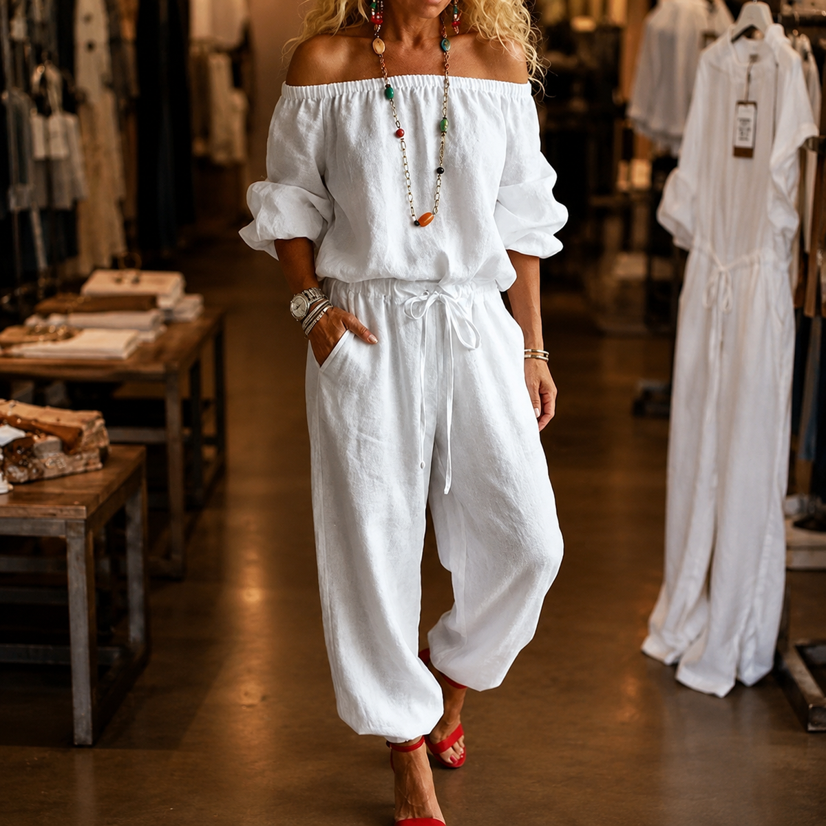 Women's Off-Shoulder Jumpsuit with Adjustable Drawstring Waist