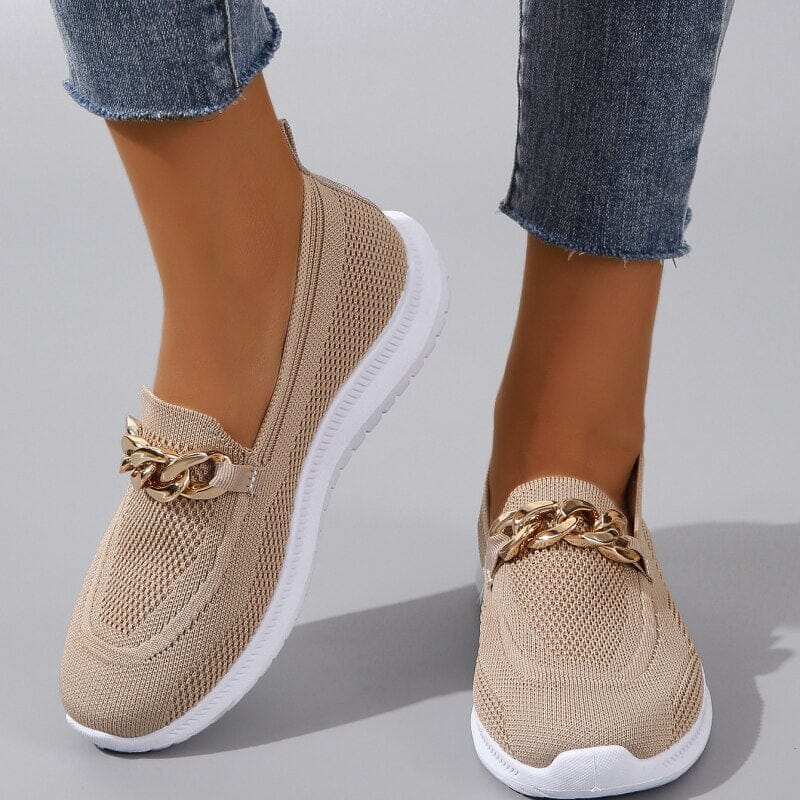 Knit Slip-On Loafers for Women with Gold Chain Detail