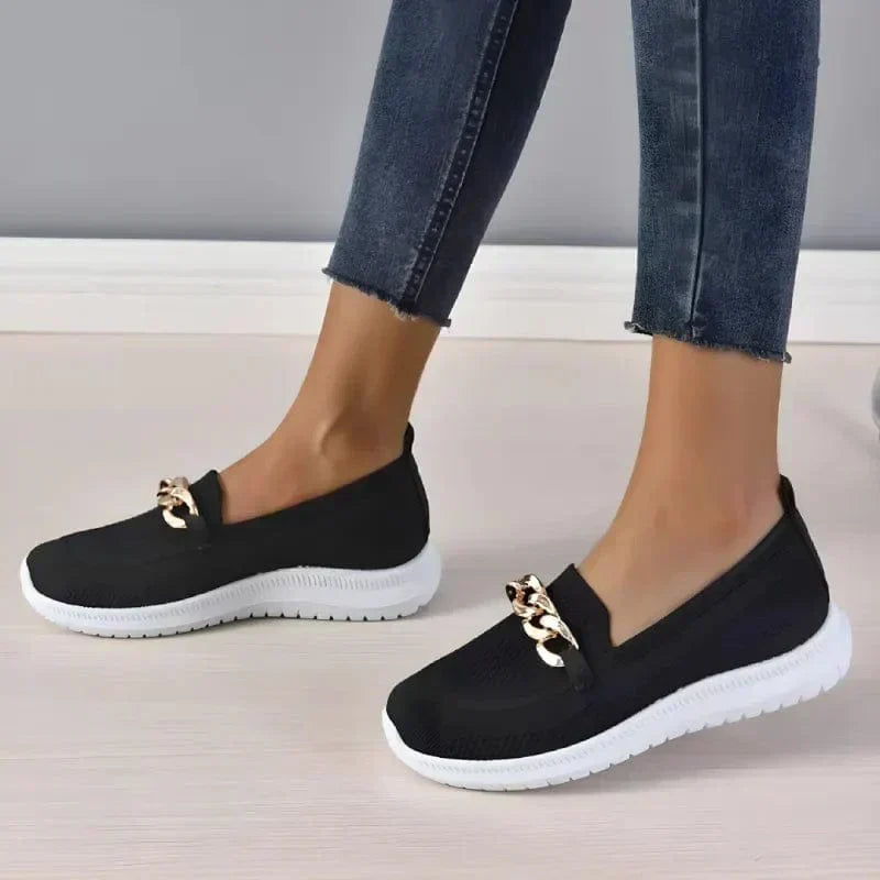 Knit Slip-On Loafers for Women with Gold Chain Detail
