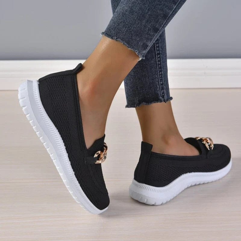 Knit Slip-On Loafers for Women with Gold Chain Detail