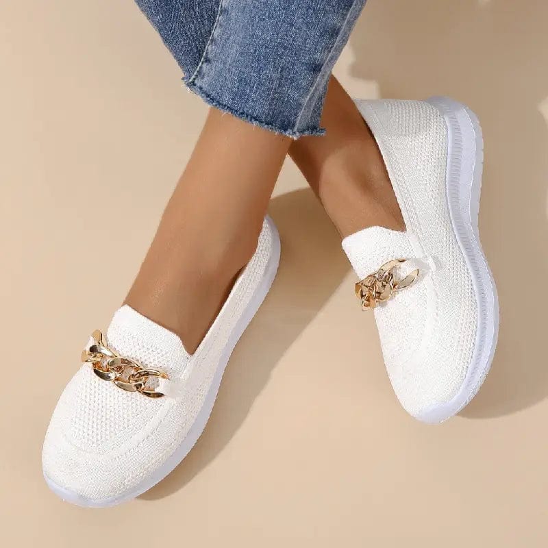 Knit Slip-On Loafers for Women with Gold Chain Detail
