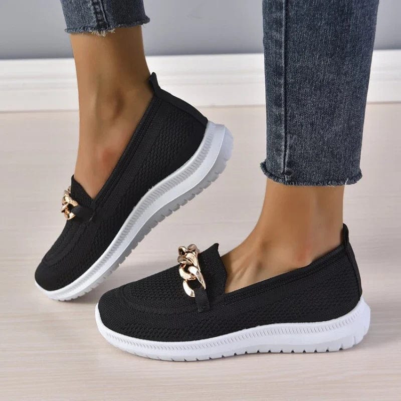 Knit Slip-On Loafers for Women with Gold Chain Detail
