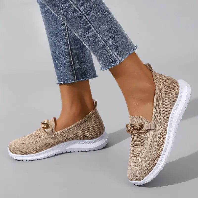 Knit Slip-On Loafers for Women with Gold Chain Detail