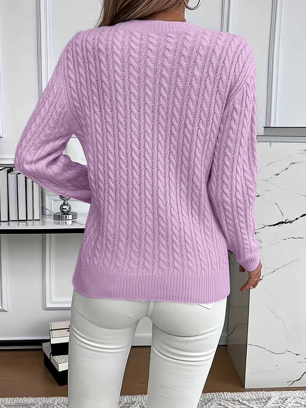 Women's Relaxed Fit Cable-Knit Jumper with Round Neck