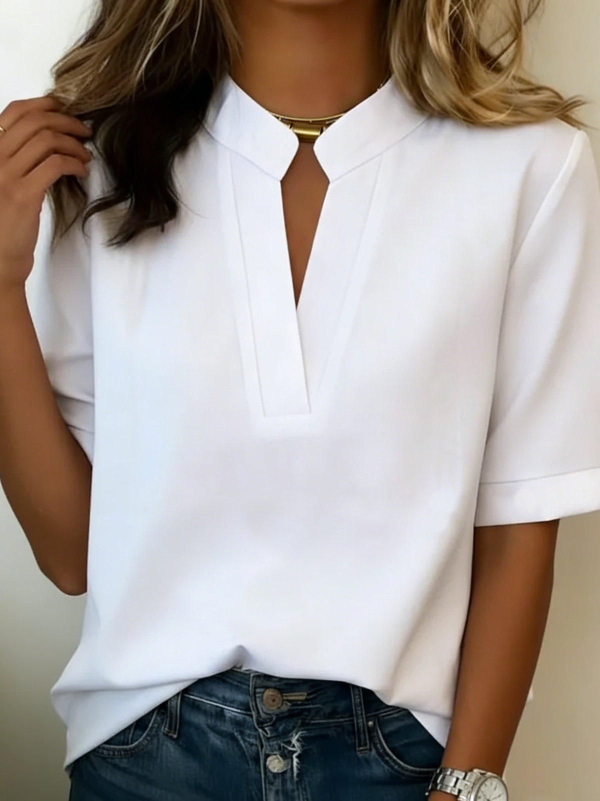 Mandarin Collar Blouse with Cuffed Short Sleeves and Vertical Seam Detail