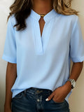 Mandarin Collar Blouse with Cuffed Short Sleeves and Vertical Seam Detail
