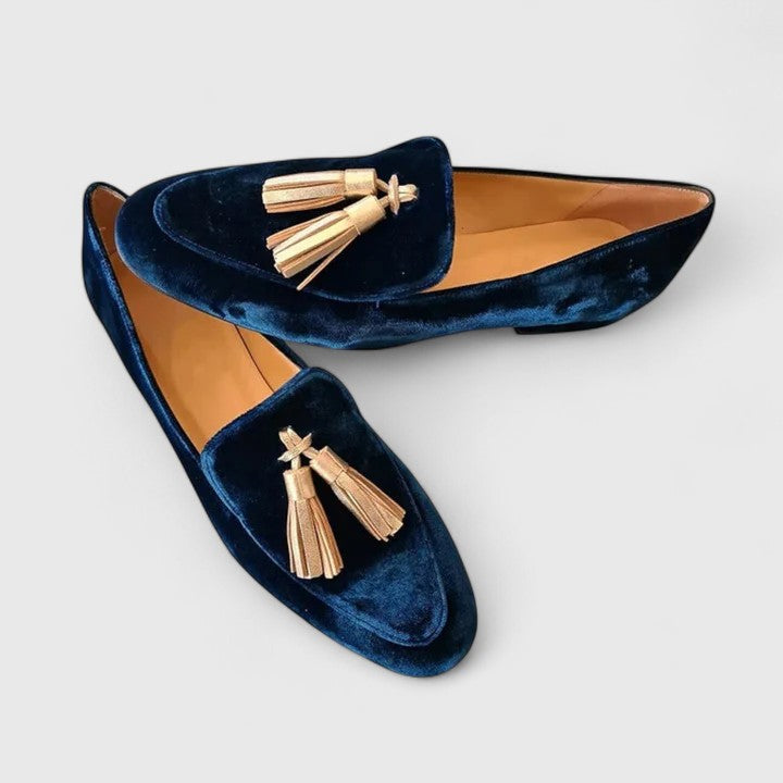 Velvet Loafers with Gold-Tone Tassel Detail and Almond Toe