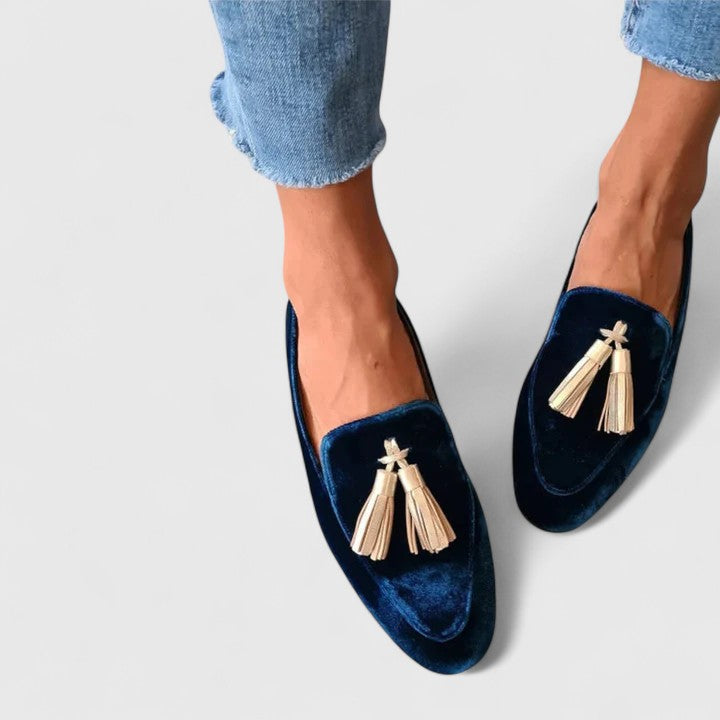 Velvet Loafers with Gold-Tone Tassel Detail and Almond Toe