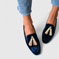 Velvet Loafers with Gold-Tone Tassel Detail and Almond Toe