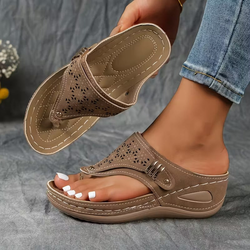 Women's Wedge Sandals with Perforated Upper and Adjustable Buckle Closure