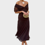 Floral Maxi Dress with Off-Shoulder Neckline Ruched Waist and Sheer Overlay Panels