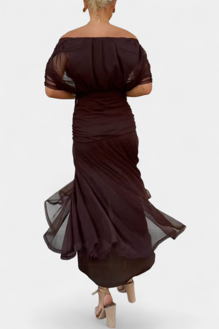 Floral Maxi Dress with Off-Shoulder Neckline Ruched Waist and Sheer Overlay Panels