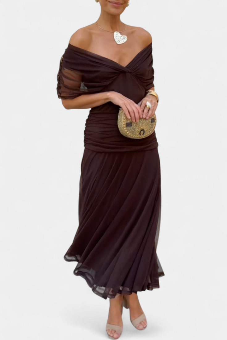 Floral Maxi Dress with Off-Shoulder Neckline Ruched Waist and Sheer Overlay Panels