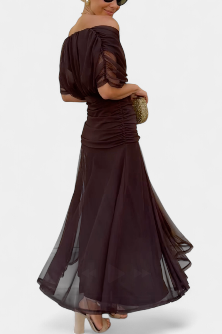 Floral Maxi Dress with Off-Shoulder Neckline Ruched Waist and Sheer Overlay Panels