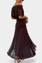 Floral Maxi Dress with Off-Shoulder Neckline Ruched Waist and Sheer Overlay Panels