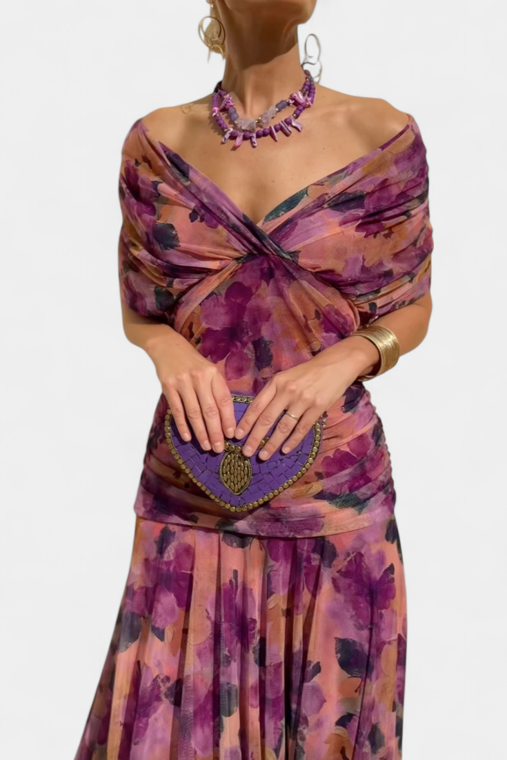 Floral Maxi Dress with Off-Shoulder Neckline Ruched Waist and Sheer Overlay Panels