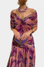 Floral Maxi Dress with Off-Shoulder Neckline Ruched Waist and Sheer Overlay Panels