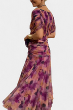 Floral Maxi Dress with Off-Shoulder Neckline Ruched Waist and Sheer Overlay Panels