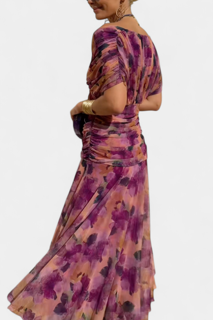 Floral Maxi Dress with Off-Shoulder Neckline Ruched Waist and Sheer Overlay Panels