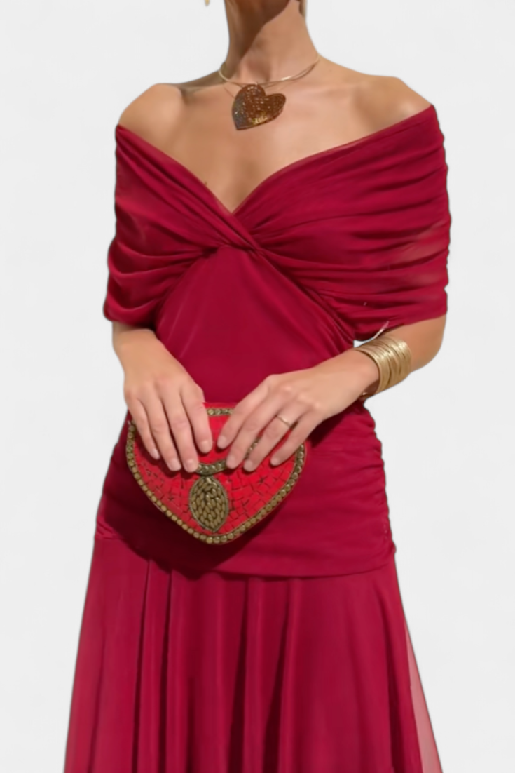 Floral Maxi Dress with Off-Shoulder Neckline Ruched Waist and Sheer Overlay Panels