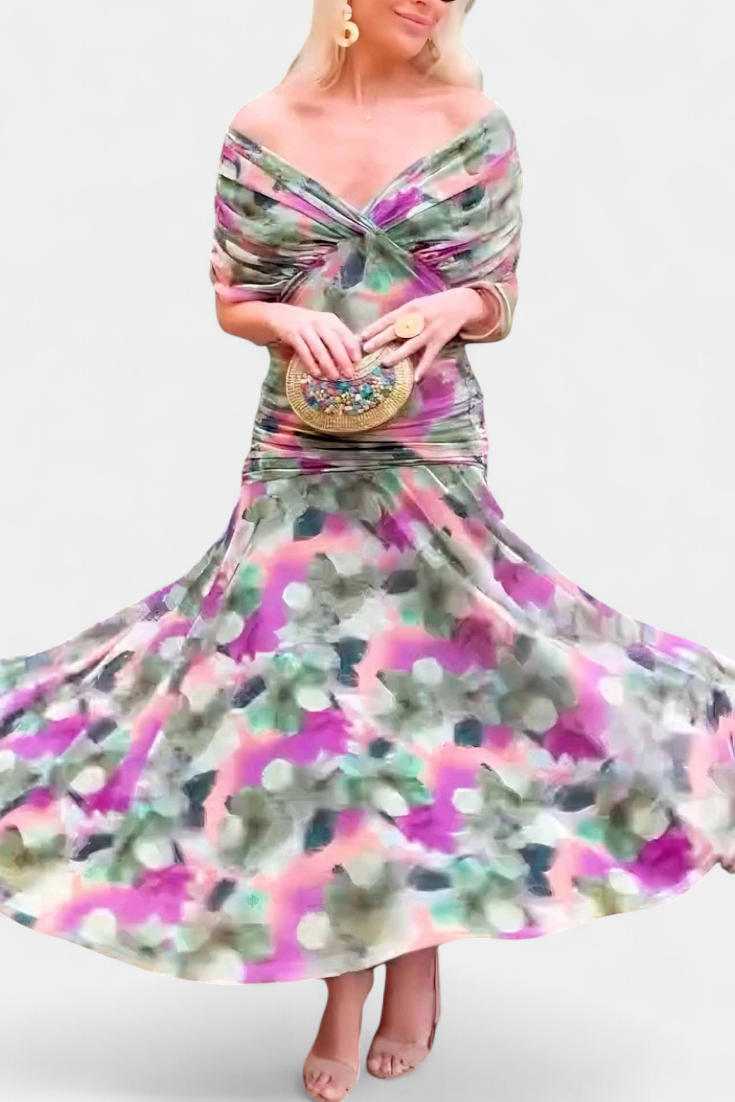 Floral Maxi Dress with Off-Shoulder Neckline Ruched Waist and Sheer Overlay Panels