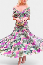 Floral Maxi Dress with Off-Shoulder Neckline Ruched Waist and Sheer Overlay Panels