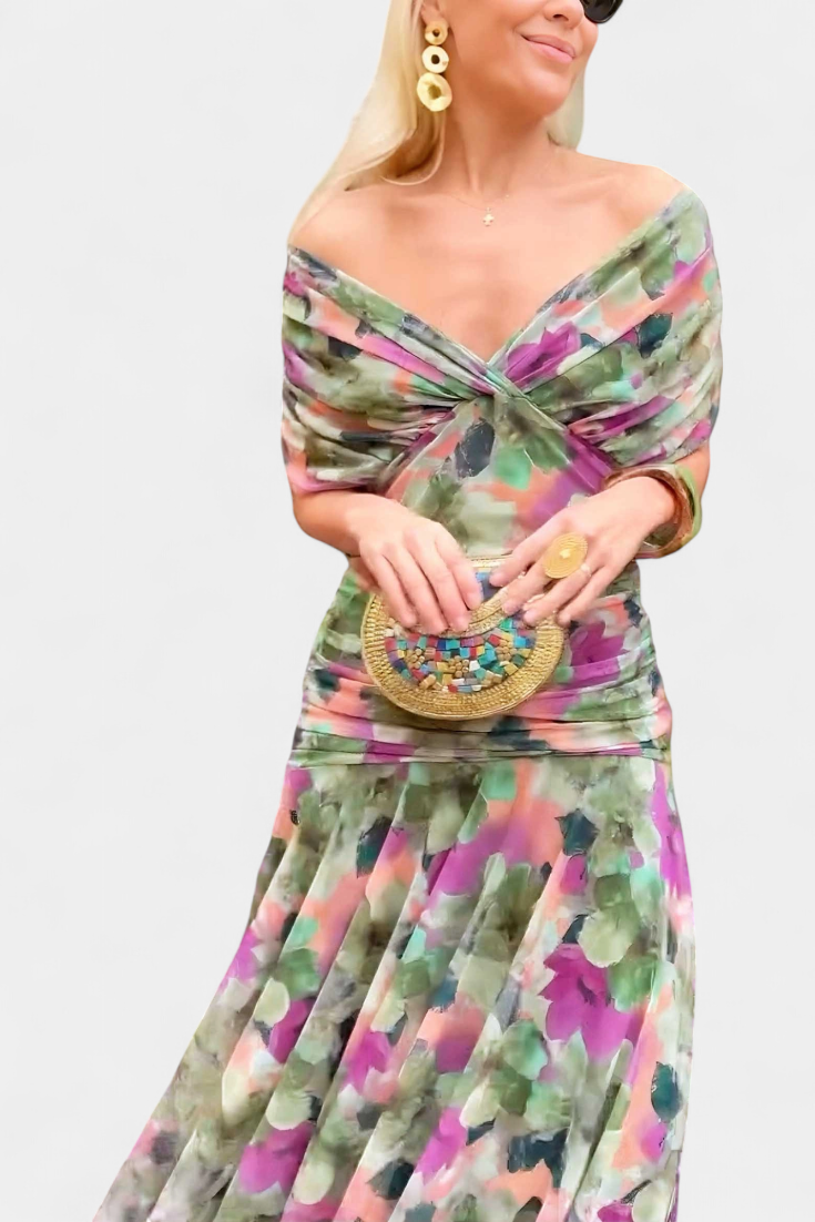 Floral Maxi Dress with Off-Shoulder Neckline Ruched Waist and Sheer Overlay Panels