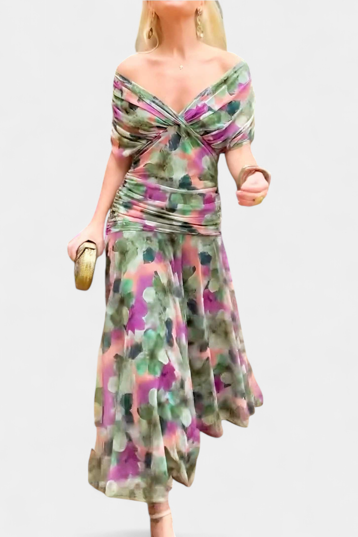 Floral Maxi Dress with Off-Shoulder Neckline Ruched Waist and Sheer Overlay Panels