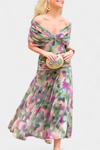 Floral Maxi Dress with Off-Shoulder Neckline Ruched Waist and Sheer Overlay Panels