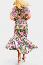 Floral Maxi Dress with Off-Shoulder Neckline Ruched Waist and Sheer Overlay Panels