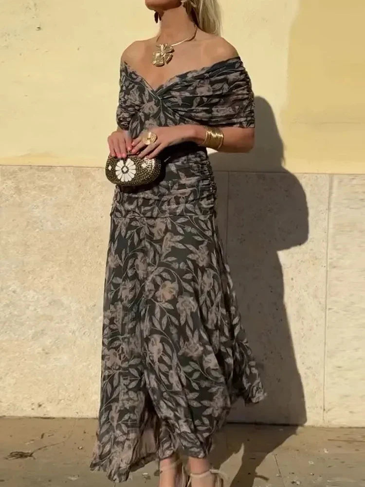 Floral Maxi Dress with Off-Shoulder Neckline Ruched Waist and Sheer Overlay Panels