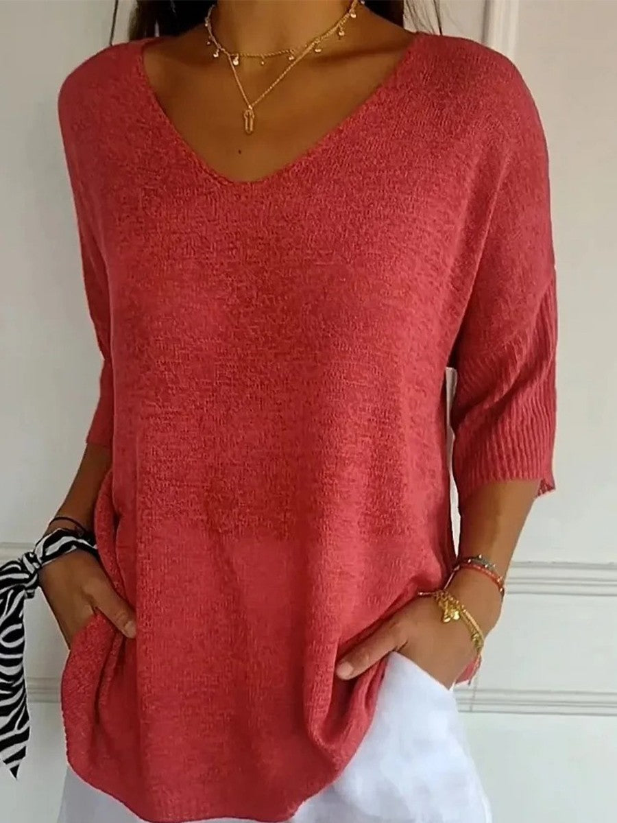Relaxed Fit V-Neck Knitted Sweater for Women