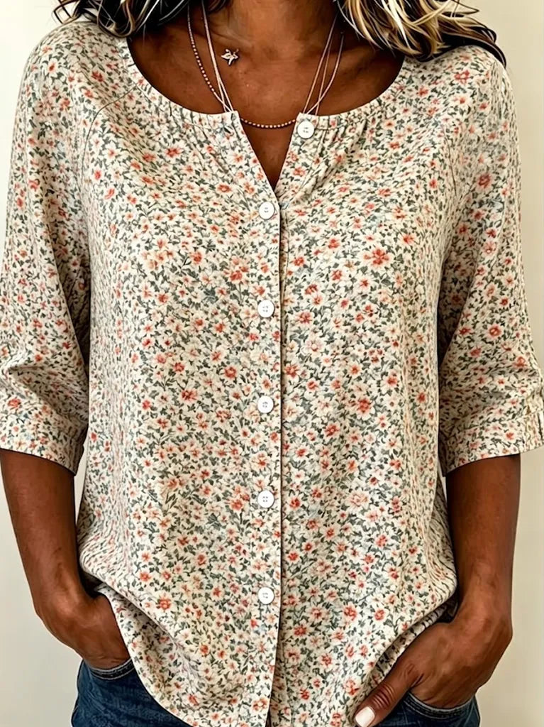 Ditsy Floral Printed Half Sleeve Crew Neck Top for Women - Loose Casual Summer Style