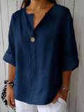 Navy Cotton V-neck Blouse with 3/4 Cuffed Sleeves and Button Detail