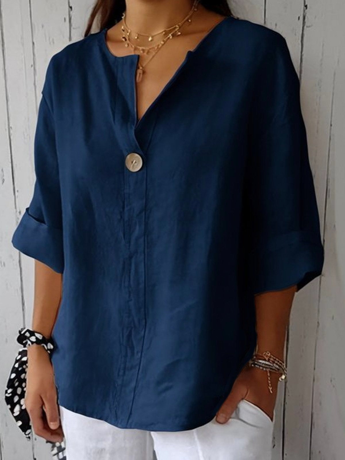 Navy Cotton V-neck Blouse with 3/4 Cuffed Sleeves and Button Detail