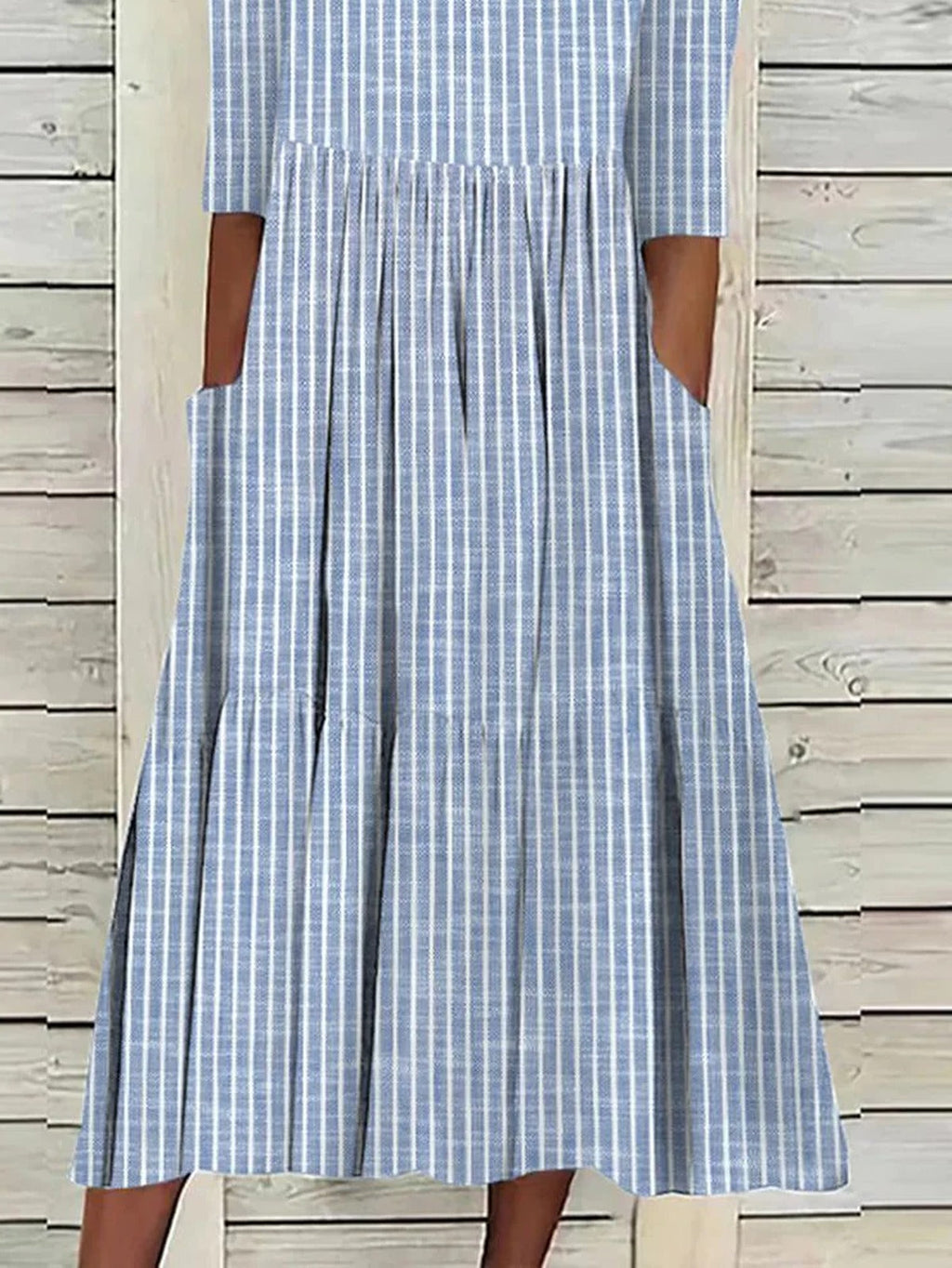 Casual Striped Midi Dress with Half Sleeves and Pockets