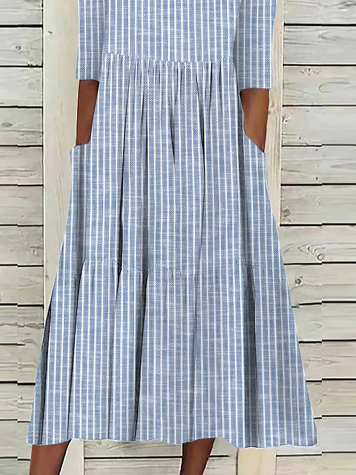 Casual Striped Midi Dress with Half Sleeves and Pockets