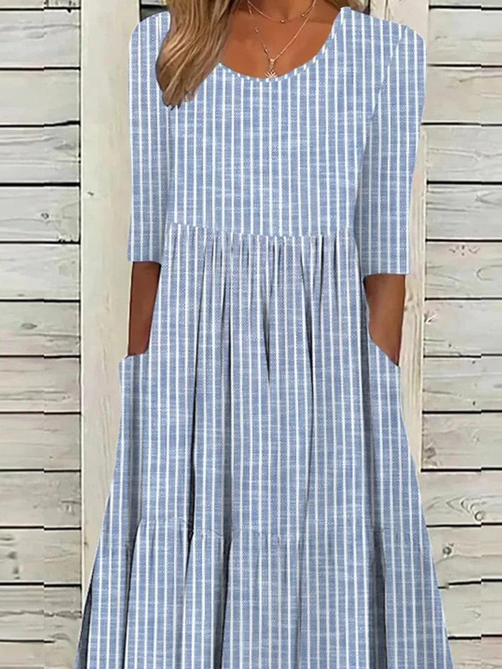 Casual Striped Midi Dress with Half Sleeves and Pockets