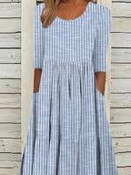 Casual Striped Midi Dress with Half Sleeves and Pockets