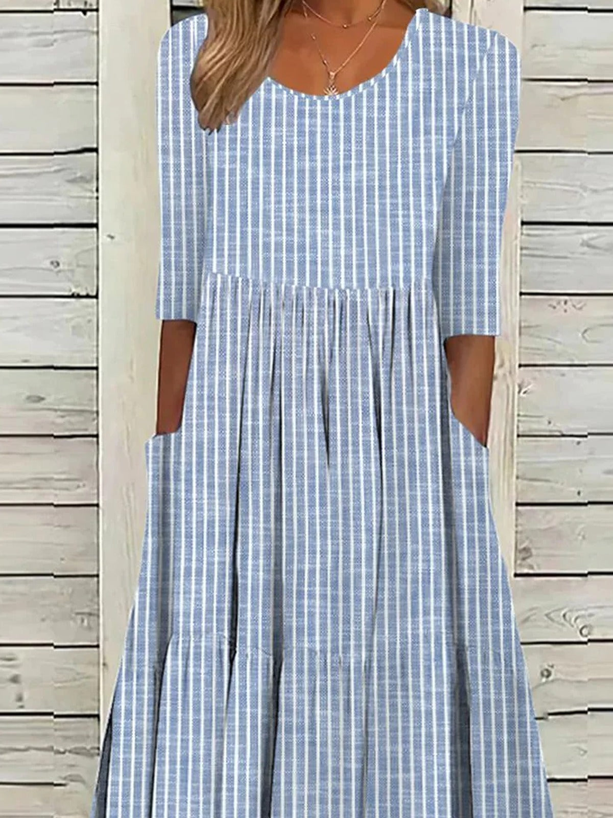 Casual Striped Midi Dress with Half Sleeves and Pockets