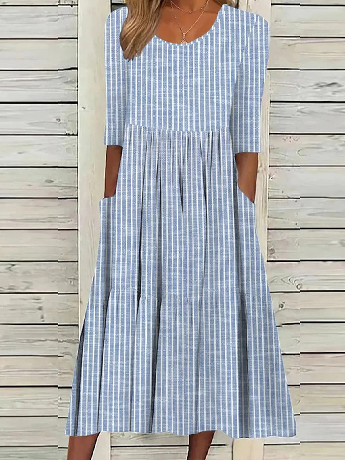 Casual Striped Midi Dress with Half Sleeves and Pockets