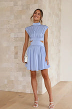 Women’s High Neck Mini Dress with Cutout Waist and Pleated A-Line Skirt