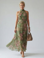 Women's Botanical Print Halter Neck Midi Dress in Green