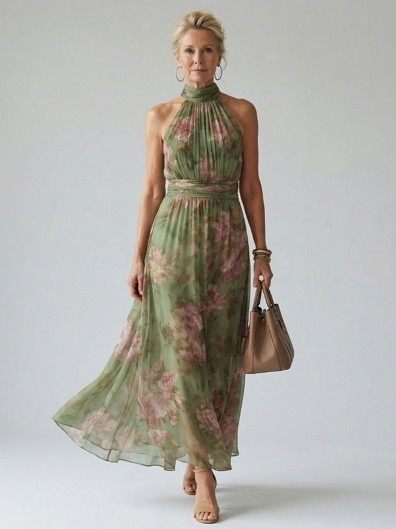 Women's Botanical Print Halter Neck Midi Dress in Green