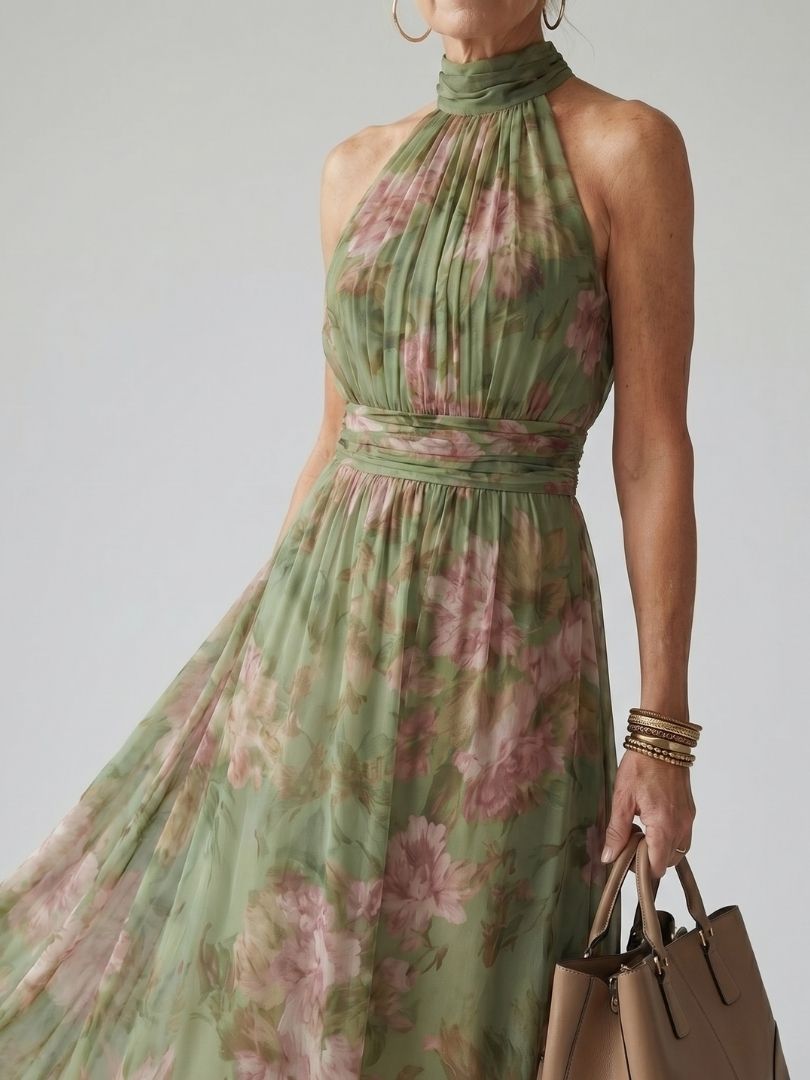 Women's Botanical Print Halter Neck Midi Dress in Green