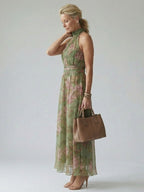 Women's Botanical Print Halter Neck Midi Dress in Green