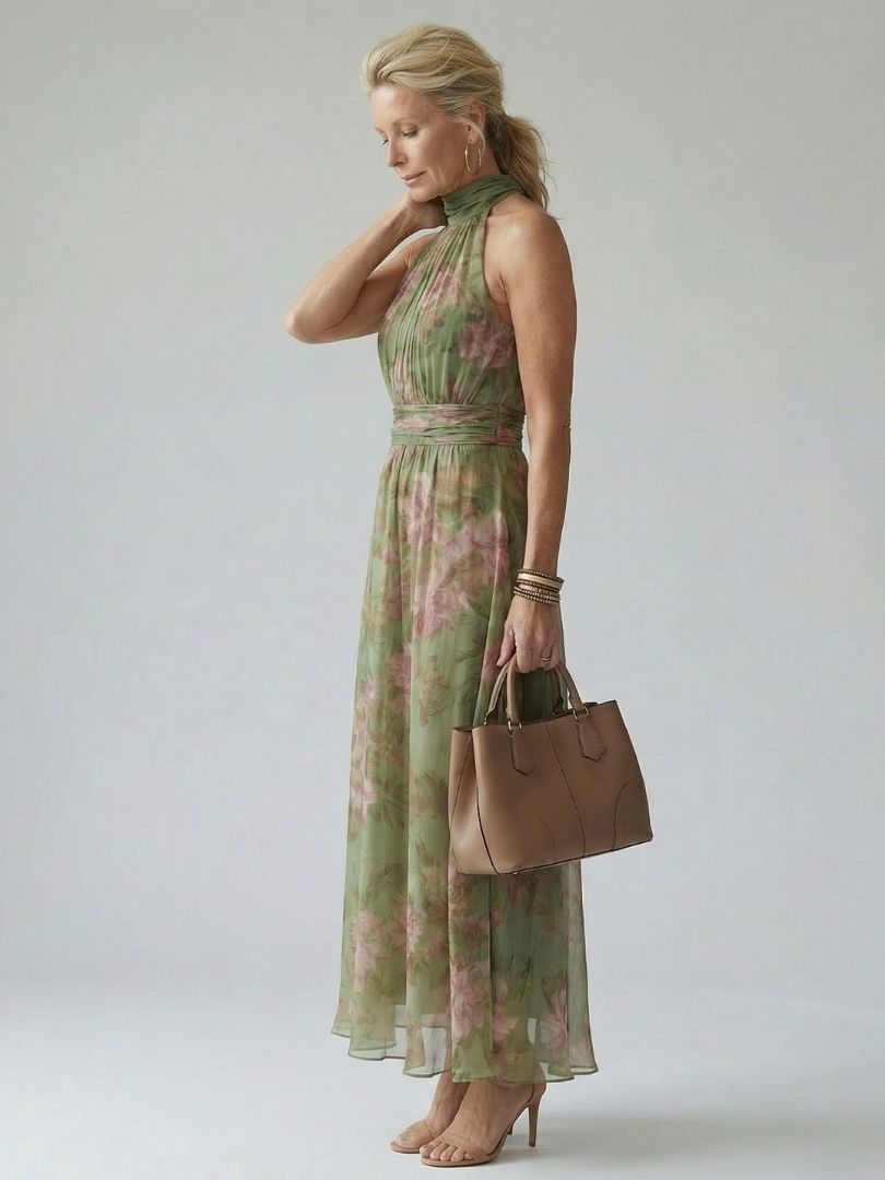 Women's Botanical Print Halter Neck Midi Dress in Green